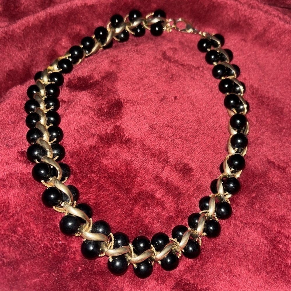 Monet 1980s Double Black Glass Bead Gold Wired Loops Collar Necklace